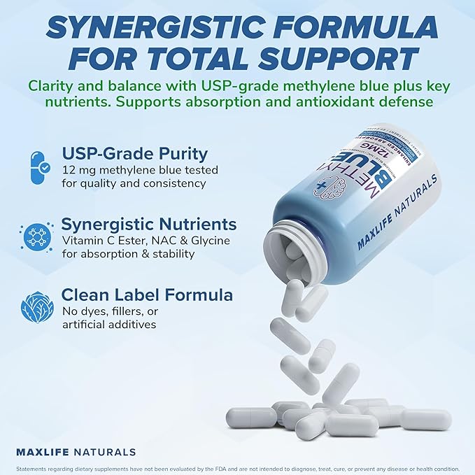 Pure Methylene Blue Capsules Ultimate Methylene Blue Supplement 12mg - 60 Capsules Pharmaceutical Grade with Vitamin C Ester &amp NAC Glycine Supports Cellular &amp Mitochondrial Function Made