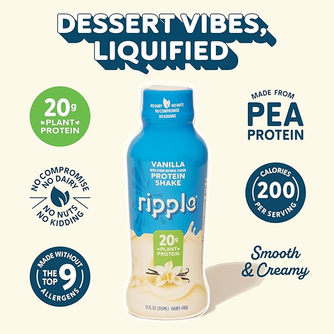 Ripple Vanilla Plant Based Protein Shake | 20g of Quality Sourced Pea Protein Calcium &amp Iron Rich | Shelf Stable | Vegan &amp Non GMO | Dairy Soy Nut &amp Gluten Free | 12 Fl Oz Bottles (Pac