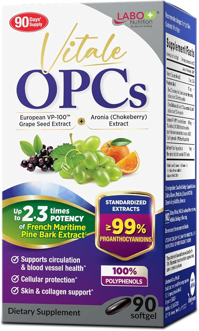LABO Nutrition Vitale OPCs | Premium European Grape Seed Extract with Aronia Citrus Bioflavonoids | Supports Circulation Skin Health and Cellular Protection | 100% polyphenols 90 Softgels
