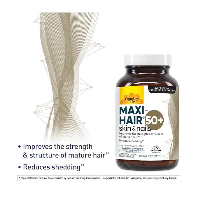 Country Life Maxi-Hair 50+ – Biotin-Based Hair Skin &amp Nails Supplement for Women &amp Men Over 50 | Supports Healthy Hair Growth &amp Reduced Shedding | Certified Gluten-Free &amp Vegetarian |