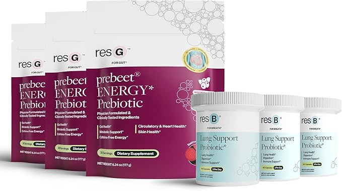 Power Gut Bundle - Lung Probiotic &amp Prebiotic Clinically Trialed Respiratory Health Support &amp Metabolism Boost Supplement Vitamins - resB (90 Servings) &amp prebeet (90 Servings)