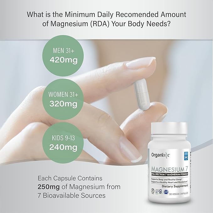 Organixx Magnesium Glycinate Supplement for Support Sleep 3 Month Supply Muscle &amp Heart Health 7 Type Magnesium Complex with Vitamin B6 Manganese Citrate Gluten Free Vegan Non GMO 90 Capsu