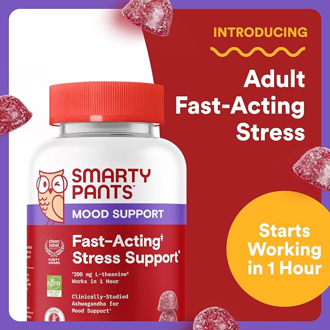 SmartyPants Adult Stress Support Gummies: Fast-Acting Calm &amp Mood Support with L-Theanine 200mg &amp Ashwagandha (Sensoril) Non-Drowsy Mixed Berry Flavor 60 Count (30 Day Supply)