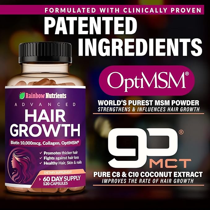 (2 Pack) Hair Growth Vitamins for Women | Biotin 10000mcg Collagen Patented OptiMSM® goMCT® Saw Palmetto | Naturally Regrow Stronger &amp Healthier Hair Skin and Nails | May Stop Hair Loss