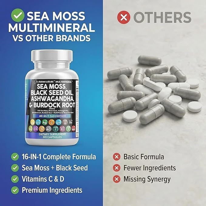 Clean Nutraceuticals Sea Moss Black Seed Oil Ashwagandha Turmeric Bladderwrack Burdock &amp Vitamin C Vitamin D3 with Elderberry Manuka Dandelion Yellow Dock Iodine Chlorophyll ACV