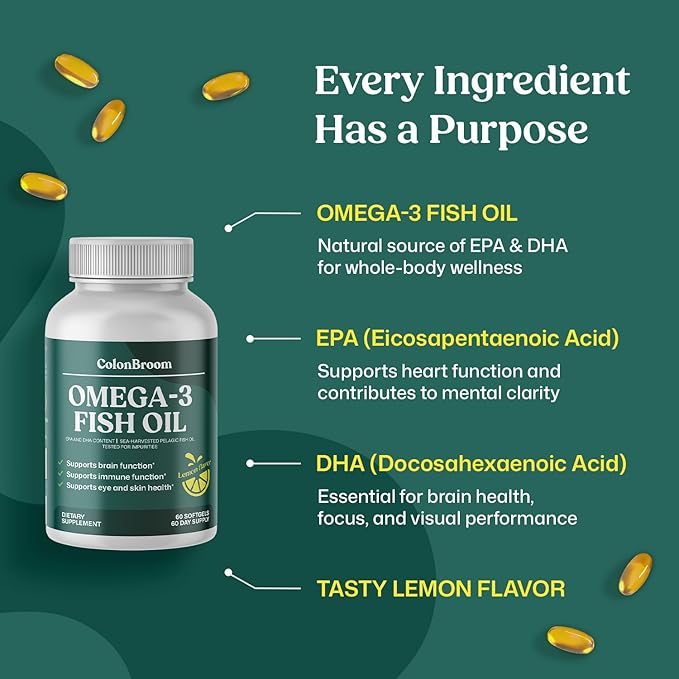 ColonBroom Omega 3 Fish Oil 2640 mg Softgels | Lemon Flavor | Daily Fish Oil Omega-3 Supplement for Women &amp Men with EPA &amp DHA | Gluten-Free Non-GMO Natural (120 Softgels 4 Month Supply)