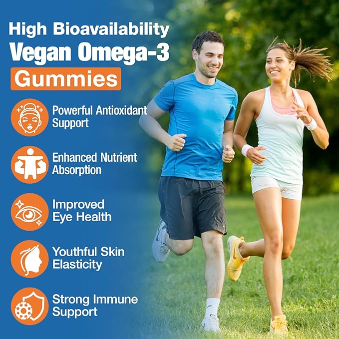 Omega-3 Gummies for Adults Orange Flavor – Sugar-Free Algae-Derived DHA 600mg &amp EPA 300mg with Vitamins A C E Zinc 120 Gummies