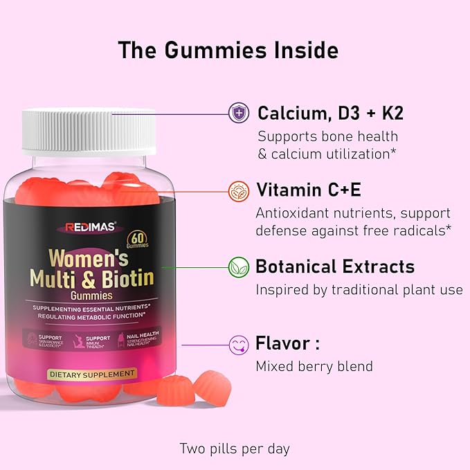 Multivitamin Gummies for Women Chewable Vitamin Blend with Vitamins A B C D E K2 and Biotin Fruity Adult Gummy Supplement Format for Daily Nutrition Routine 60 Count
