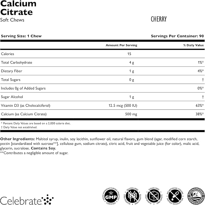 Celebrate Vitamins Bariatric 500mg Calcium Citrate Soft Chews with 500 IU Vitamin D3 – Essential for Gastric Bypass Patients &amp Bone Health - Sugar &amp Gluten Free Cherry (270 Chews)