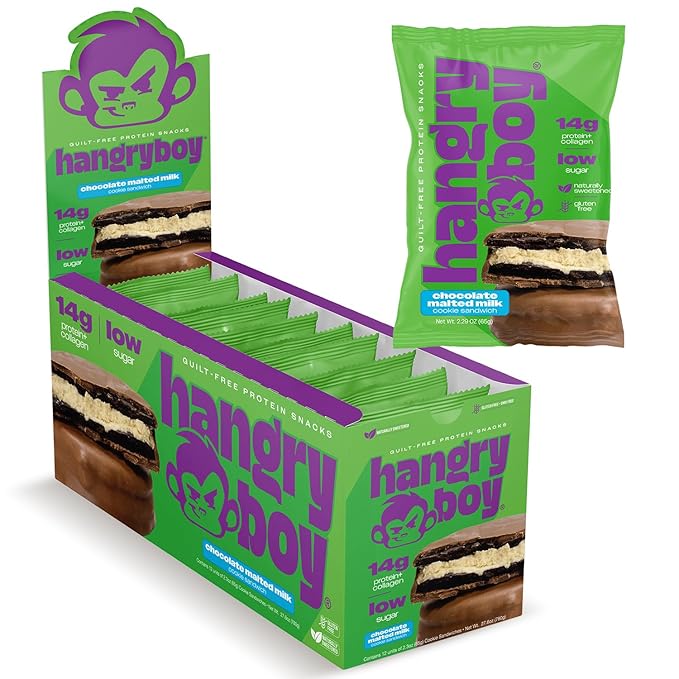Hangryboy Protein Cookie Sandwich – 14g High Protein Gluten‑Free GMO‑Free Cookies - Perfect on The Go Protein Snack Chocolate Malted Milk 12‑Count Box