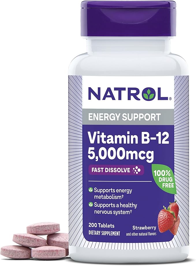 Natrol Vitamin B-12 5000mcg 200 Tablets &amp Biotin 10000mcg 60 Tablets for Cellular Energy Healthy Nervous System Hair Skin and Nails
