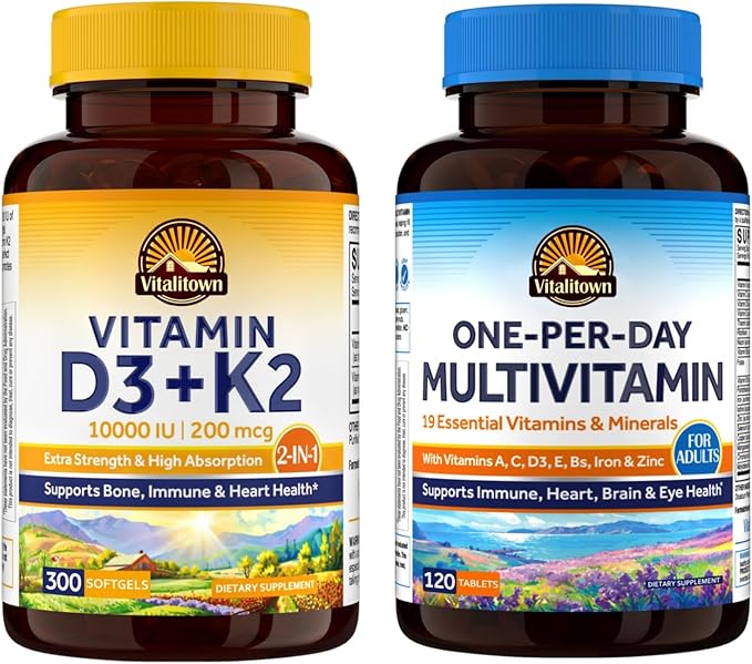 Vitalitown Vitamin D3 K2 &amp Multivitamin Bundle - Vitamin D3 + K2 10000 IU(Item 1) + Multivitamin with Iron &amp Zinc (Item 2)
