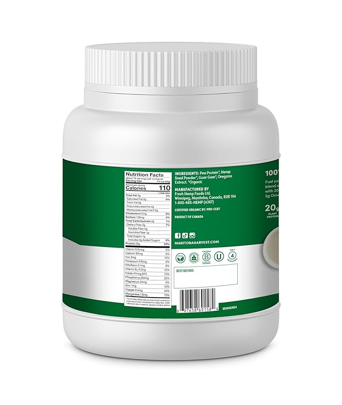 Manitoba Harvest Hemp Yeah Organic Plant-Based Protein Powder with 20g of Complete Plant 2g of Fiber &amp 2g Omegas 3&amp6 Non-GMO Vegan Unsweetened 16 Oz Packaging May Vary