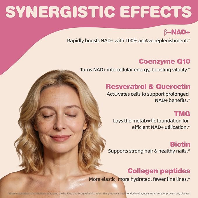 NAD Supplements for Women 5000mg Liposomal NAD+ Powder with Resveratrol Collagen Peptides Biotin CoQ10 &amp TMG for Healthy Aging Cellular Energy Hair Skin &amp Nails Pink Lemonade Mix 34 Se