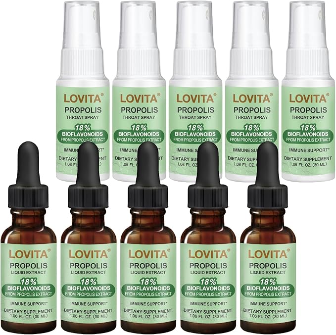 LOVITA 10-Pack Propolis Bulk Bundle - 5 Liquid Extract Drops &amp 5 Throat Sprays Maximum Strength 18% Bioflavonoids Non-GMO &amp Gluten-Free (10 Pc)