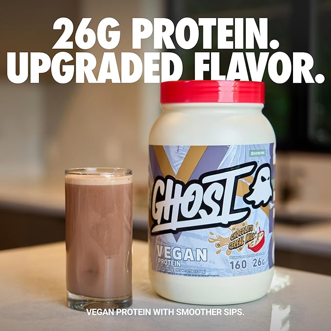 GHOST Vegan V2 Protein Powder Chocolate Cereal Milk - 2LB Tub 26G of Protein - Plant-Based Pea &amp Organic Pumpkin Blend Protein with Fiber &amp Iron - Flavored Post Workout Shakes - Soy &amp Gl