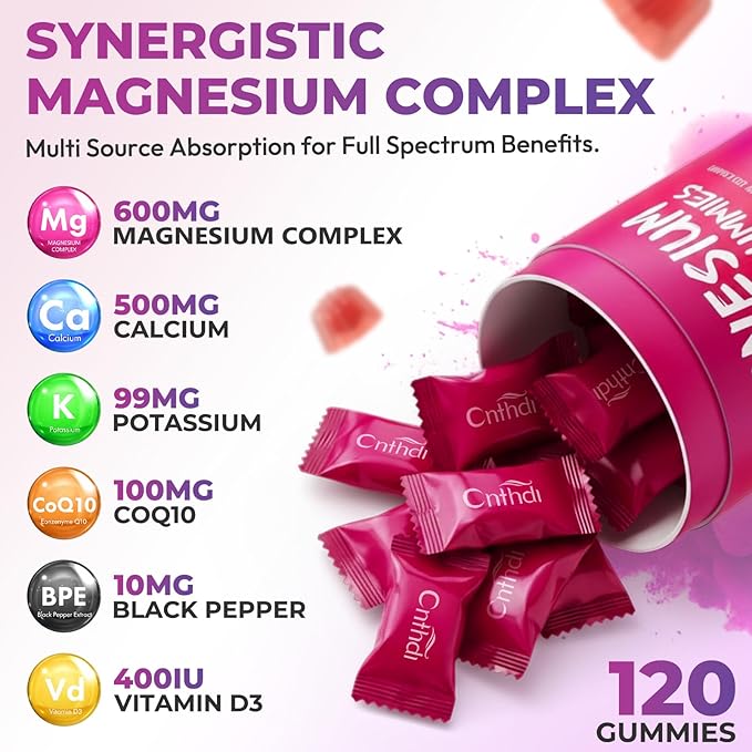 Magnesium Glycinate Gummies 600mg High Absorption Magnesium Supplement with CoQ10 D3 B6 Pure Sugar Free Chewables Gummies for Women &amp Men Support Relax Stress Muscle &amp Bone Raspberry 1
