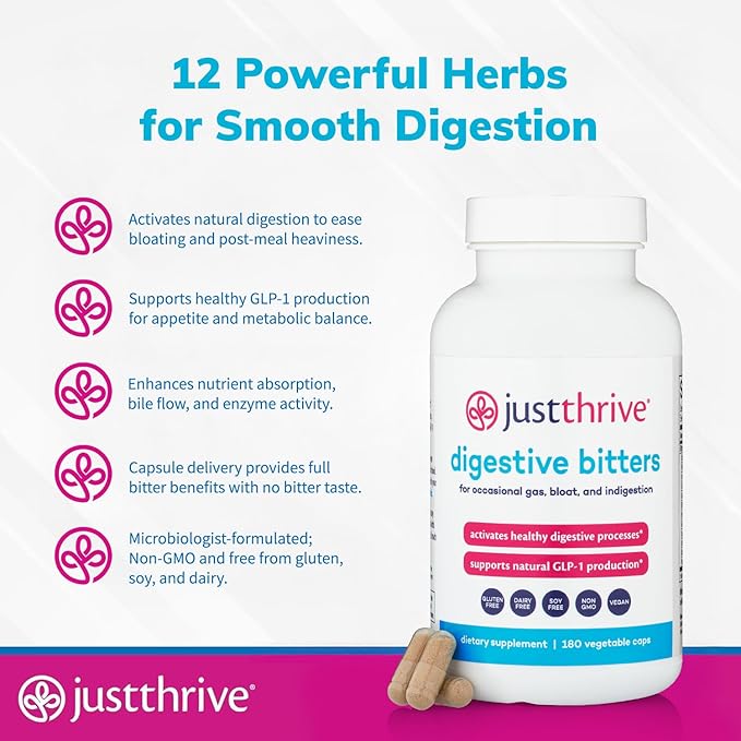Just Thrive Digestive Bitters Supports Digestion GLP-1 Eases Bloating Gut Health Metabolism &amp Nutrient Absorption 12 Herbal Extracts 180 Caps