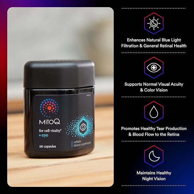 MitoQ +Eye – Eye Health Supplement with Lutein &amp Zeaxanthin (5:1 Ratio) Bilberry Maritime Pine Bark Zinc Mitoquinol | Supports Macular Health Visual Clarity &amp Blue Light Defense