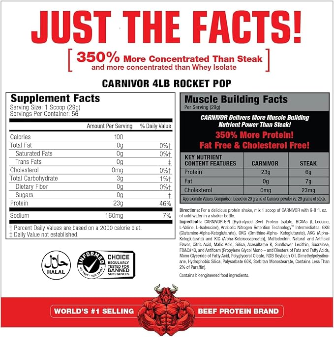 MuscleMeds CARNIVOR Beef Protein Isolate Powder Muscle Building Recovery Lactose Free Sugar Free Fat Free 23g Protein Rocket Pop 56 Servings