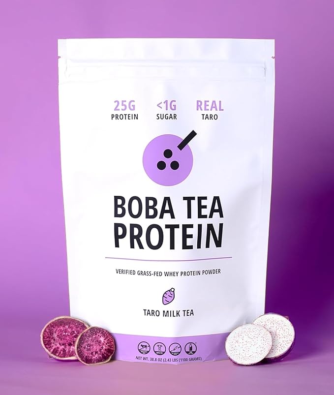 Boba Tea Protein Taro Milk | 25g Grass-Fed Whey Protein Isolate Powder | Gluten-Free &amp Soy-Free Bubble Tea Drink | Real Ingredients &amp Lactose-Free Protein Drink | 25 Servings