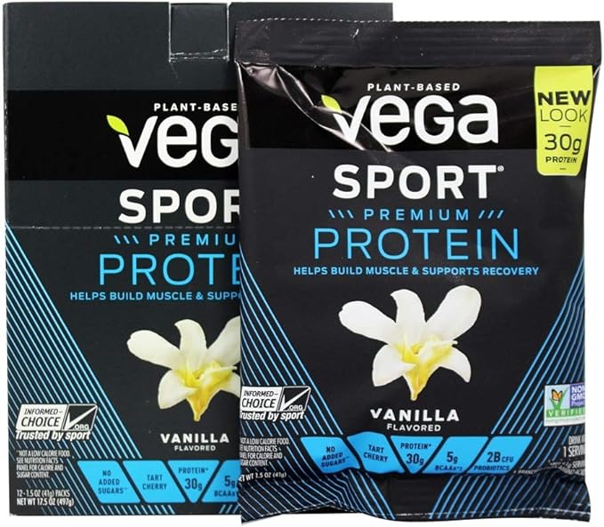 Vega Protein + Recovery - 30g Plant-Based Protein per Serving Vanilla 12 x 1.6oz Sachets 5g BCAAs Probiotics NSF Certified for Shakes &amp Smoothies (Packaging May Vary)