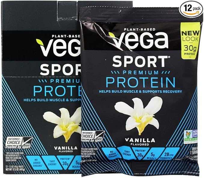 Vega Protein + Recovery - 30g Plant-Based Protein per Serving Vanilla 12 x 1.6oz Sachets 5g BCAAs Probiotics NSF Certified for Shakes &amp Smoothies (Packaging May Vary)