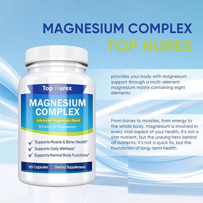Top Nurex Magnesium Complex 1000 mg 8-Source Magnesium Blend with Glycinate Citrate Malate &amp Taurate Vegan Non-GMO Formula 90 Capsules