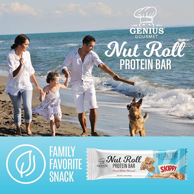 Genius Gourmet SKIPPY Peanut Butter Flavor Inspired Protein Nut Roll Bar11g Protein per serving(18% DV) 0g Added Sugar Carb Conscious Snack Bar Gluten Free – 10 Count