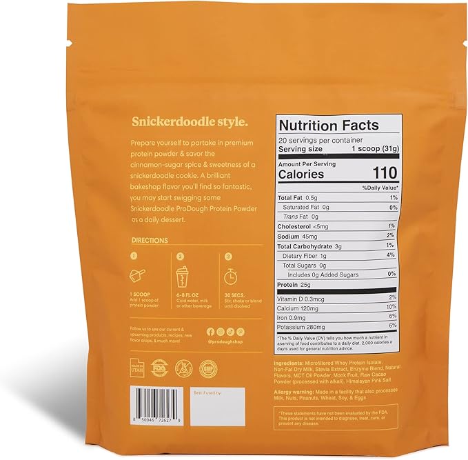 ProDough Gourmet Whey Isolate Hydrolized Protein Powder for Shake Mix- Easy Digest Enzyme Blend 25g Protein per Serving Natural Ingredients Gluten Free Keto Friendly (Snickerdoodle)