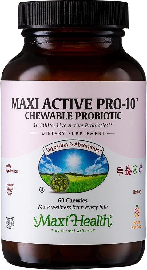 Maxi Health Active Pro-10 Kids Probiotic Chewables – 15 Strains for Digestive &amp Immune Health –10 Billion probiotic Blend- Dairy-Free Kosher – Supports Gut Health Vegetarian – 60 ct (Shelf Stabl