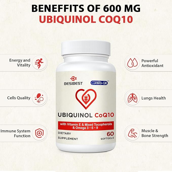 Ubiquinol CoQ10-600mg-Softgel Active Form of Coq10 Ubiquinol Supplement with Vitamin E &amp Omega 3 6 9 High Absorption-Coenzyme-Q10 Powerful Antioxidant for Energy Production 240 Count