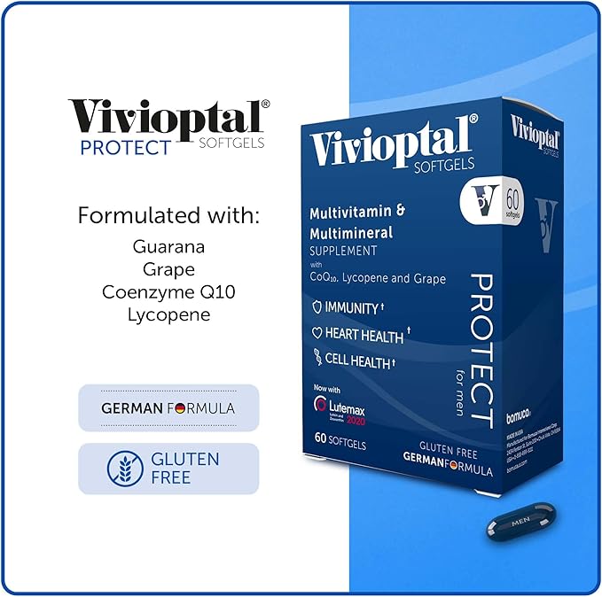 Vivioptal Men 60 Capsules CoQ10 Lycopene &amp Resveratrol Multivitamin &amp Multimineral Gluten Free German Formula