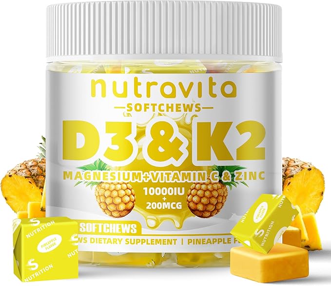 Nutravita Sugar-Free Vitamin D3 K2 Chews with Calcium + K2 (MK-7) Magnesium Citrate Vitamin C Extra Strength - Ultimate Absorption for Bone Muscle Teeth Immune Vegan - 60 Count-Pineapple Flavor