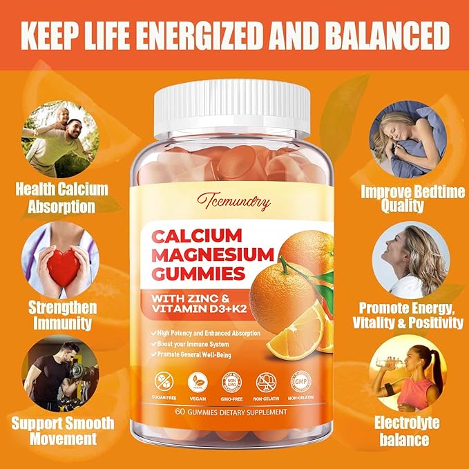 Calcium Magnesium Zinc Gummies with Vitamin D3 &amp K2 - High Absorption Magnesium Glycinate 400mg - Sugar Free Calcium Supplement - Support Nerve Muscle Mood &amp Immunity - for Adults Men Women Ki
