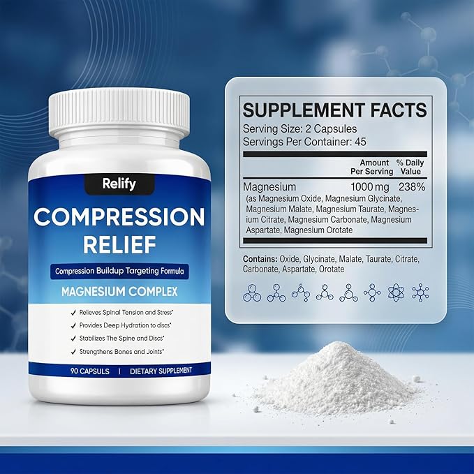 Relify Compression Relief Capsules with 1000mg Magnesium Complex for Women &amp Men Support Back Spine &amp Discs Reduces Pressure Non-GMO 90 Capsules