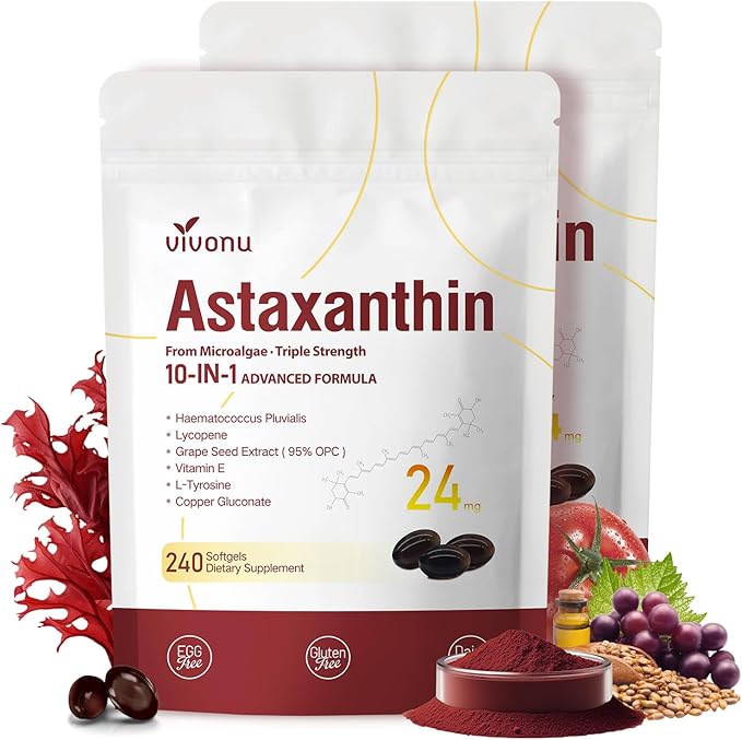 VivoNu Astaxanthin 24mg – Powerful Antioxidant Support for Skin Eyes &amp Immune System – 10-in-1 Formula with Lycopene Grape Seed Vitamin E &amp Zinc – Triple Strength 480 Softgels 2 Bag