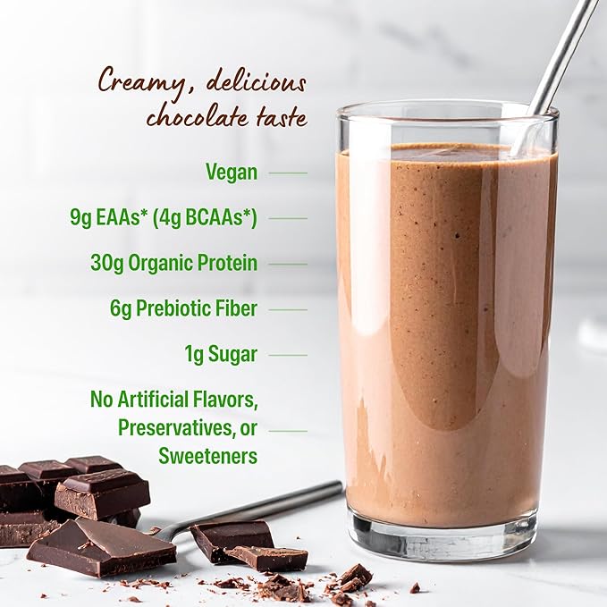 Orgain Organic 30g Vegan Protein Powder Chocolate 9g EAAs + BCAAs Plant Protein 6g Prebiotic + Fiber 1g Sugar Pre-Workout Muscle Support + Recovery - 2.01lb (Packaging May Vary)