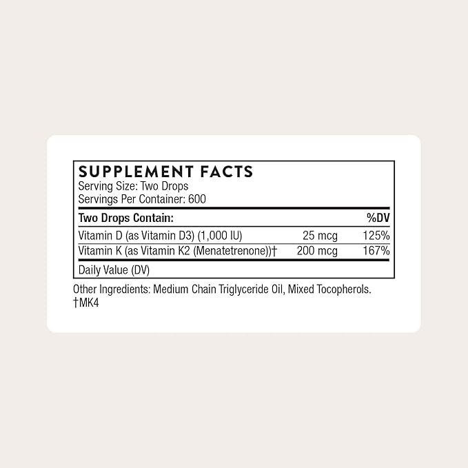 THORNE - Vitamin D + K2 Liquid with a Metered Dispenser - Vitamins D3 &amp K2 to Support Healthy Bones &amp Muscles* - 1 Fl Oz (30 ml) - 600 Servings