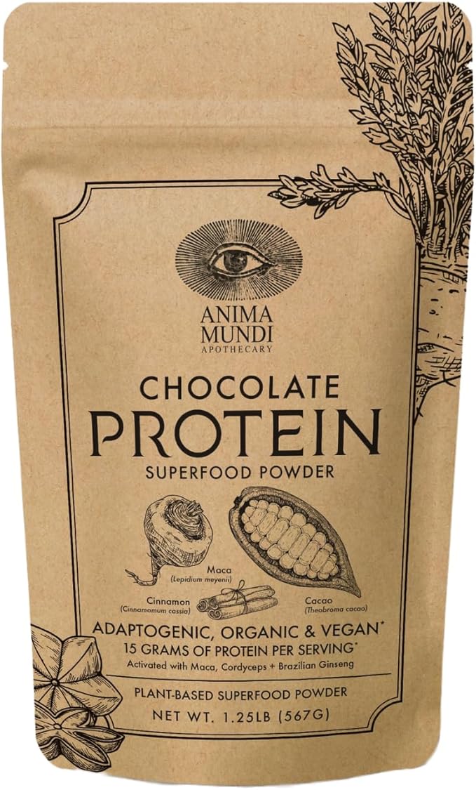 Anima Mundi Apothecary Chocolate Protein Superfood Powder - Organic Vegan Protein Powder - Nutrient-Dense Chocolate Plant Based Protein Blend with Adaptogens for Energy &amp Strength (567g)