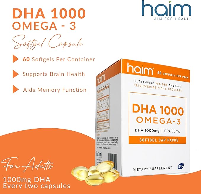 HAIM DHA 1000 Omega-3 Fish Oil - 90% Purity with 1000mg DHA 50mg DPA - High Potency Fish Oil Supplement for Brain Eye &amp Heart Support - Promotes Overall Wellness &amp Focus - 1 Box 60 Softgels