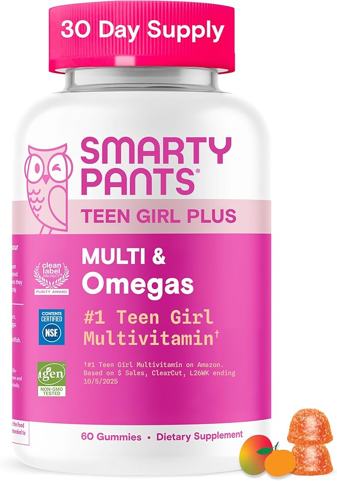 SmartyPants Teen Girl Multivitamin Gummies Omega 3 (DHA/EPA) Vitamin C D3 B12 Vitamin A K &amp Zinc Biotin to Support Hair Skin &amp Nails Gluten Free 60 Count (30 Day Supply)