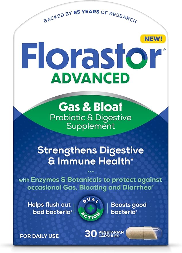 Florastor Advanced Gas and Bloat Probiotic Digestive Enzymes and Botanicals Plus Probiotics for Digestive Health 30 Capsules
