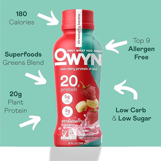 OWYN Only What You Need Strawberry Banana Flavored Protein Shake 20g Protein 4g Sugar 3g Fiber Dairy Free Plant Based Protein Drink 12 Count
