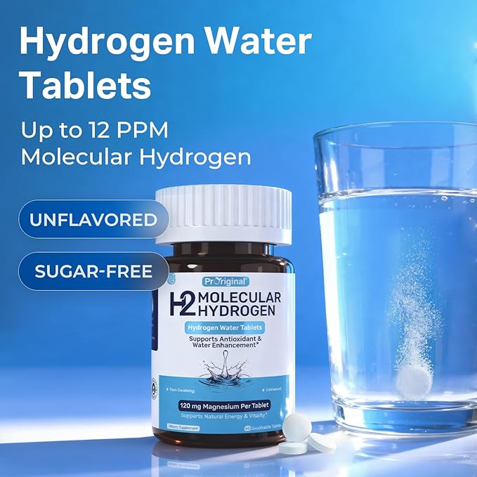 Hydrogen Water Tablets - 12 PPM H2 Molecular Hydrogen - 120 mg Magnesium-Based Reaction System - Supports Antioxidant &amp Cellular Health Energy &amp Brain Function - Non-GMO Unflavored - 180 Tab