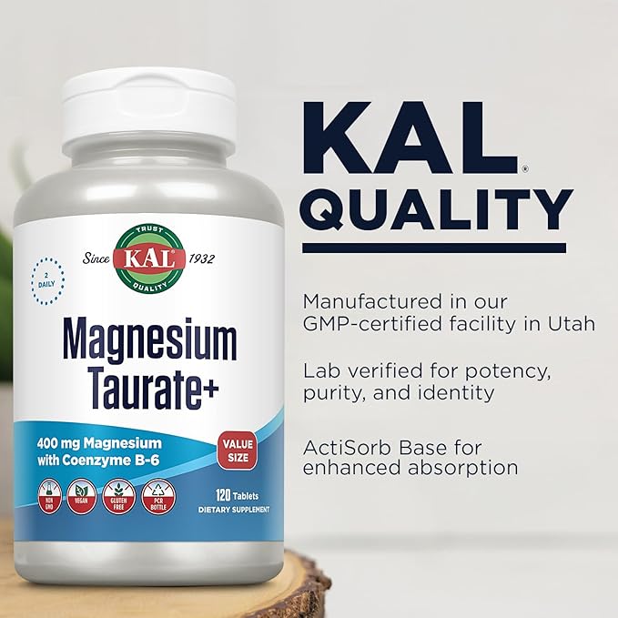 KAL Magnesium Taurate 400mg Plus Vitamin B6 Chelated Magnesium Supplement High Absorption Magnesium Complex Muscle and Heart Health Support Vegan Gluten Free 60-Day Guarantee 60 Serv 120 Tabs