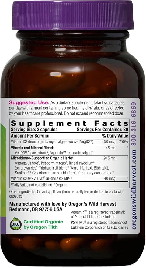Oregon’s Wild Harvest Organic Vitamin D3 &amp K2 – Bone Immune &amp Muscle Health Support – Vegan Capsules with Microbiome-Supporting Herbs Aquamin® Trace Minerals USDA Organic 60 Ct