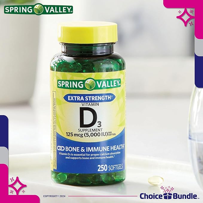 Spring Valley Vitamin D3 Softgels 125 mcg 5000 IU 250 Ct 3 pk (750 Total) + Vitamin Vitality &amp Pill Container (5 Items)!