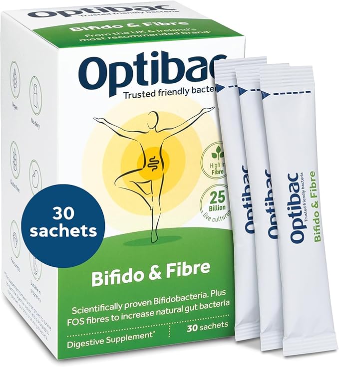Optibac Probiotics Powder with Bifidobacteria &amp Fibre - 30 Sachets | 25 Billion CFU + 4 g FOS Fibre | Vegan Probiotic &amp Prebiotic Blend | Shelf Stable &amp Gluten Free | for Everyday Digestiv