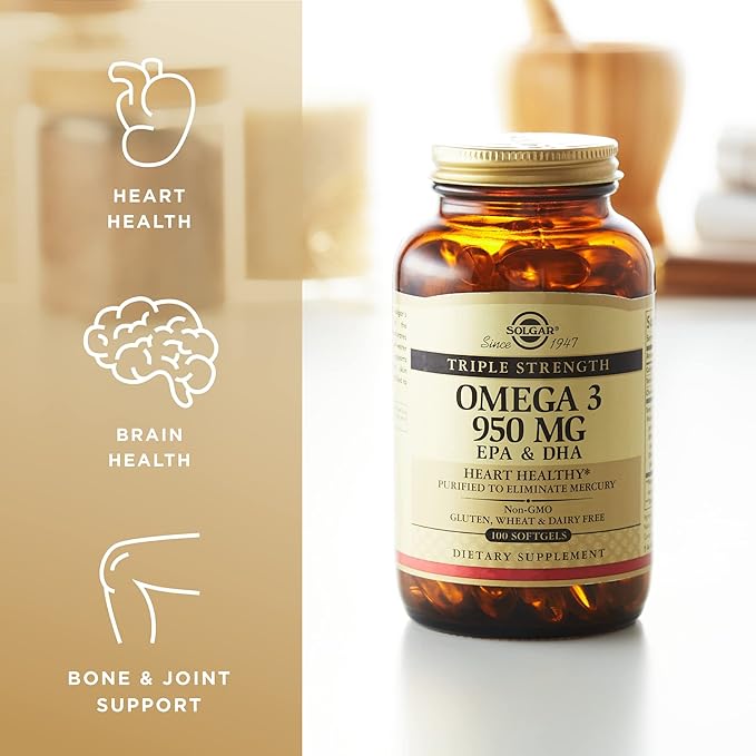 Solgar Triple Strength Omega 3 950 mg - 100 Softgels Pack of 3 - Supports Joint &amp Skin Health - Non-GMO Gluten Free Dairy Free - 300 Total Servings